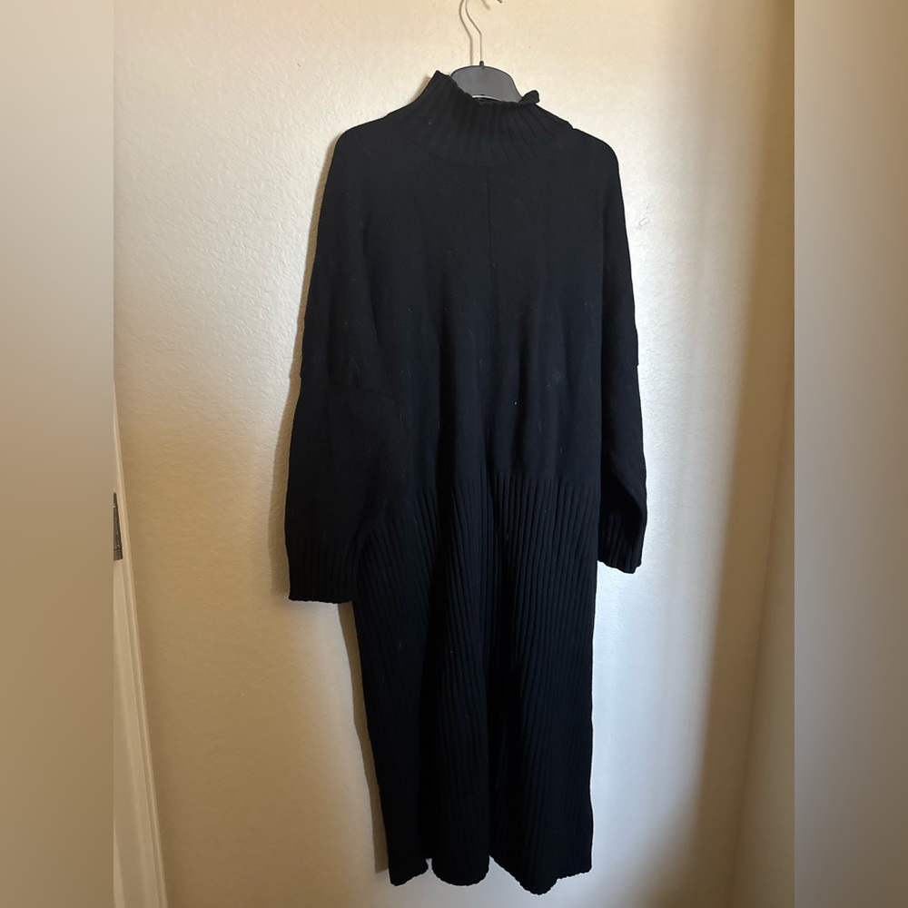 Eskandar‎ Merino Wool Oversized Sweater Knit Midi Dress Sz XL Black High Neck